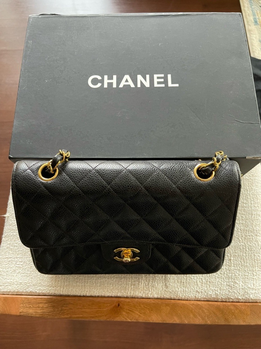 CHANEL SMALL Caviar Black Quilted Leather Double Flap Bag with Gold Hardware